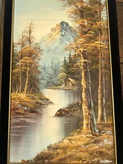VTG G Whitman Trees Landscape Cabin Lake River Mountains Canvas 13.75”W 25.75”T