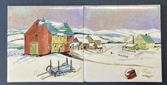 2 1960 Painted Art Tiles Signed Pederzini Farm Medfield MA New England Landscape