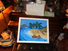 Mo H. artist; „Island Life with Visitors“ Acrylic on Linen Framed; outsider art.