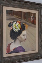 JAPANESE GEISHA GIRL OIL PAINTING ON CANVAS PERIOD FRAMED ARTIST HELEN SHARE