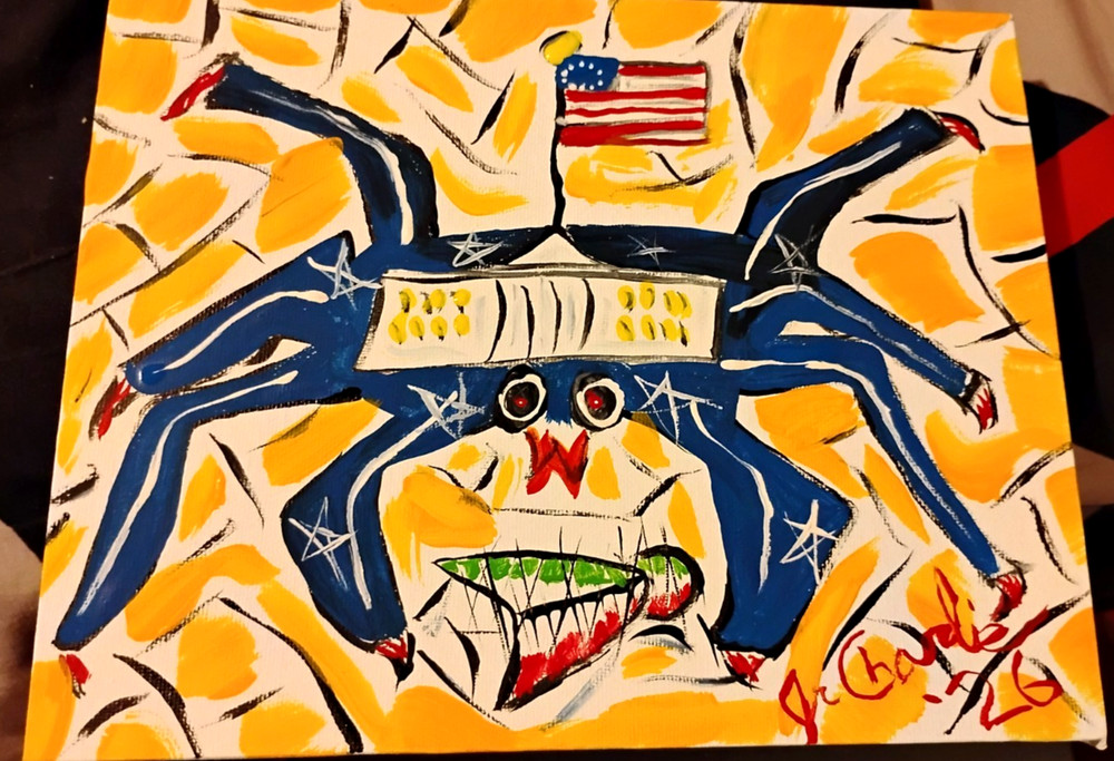 AMERICAN SPIDER VS IRAN FLY OUTSIDER POLITICAL ARTIST JR CHARLIE PRIMITIVE FOLK