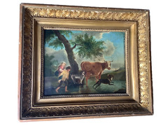 18th Century Paul and Virginia Cow Dog Stream Landscape Blue Sky French Oil