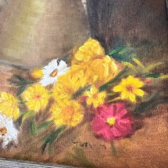 1973 Original Oil Painting Framed Pitcher w Fresh Flowers Signed by Artist