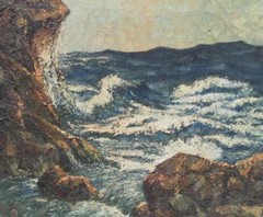 HENRY G KELLER (1869-1949) AMERICAN OIL PAINTING WEST COAST ROCKY SEASCAPE SCENE