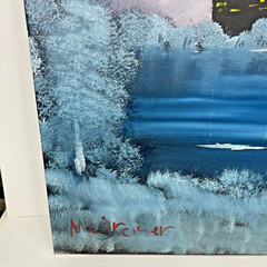 Oil on Canvas Painting Signed Student Art 16 x 20 City Buildings Lake Night Sky