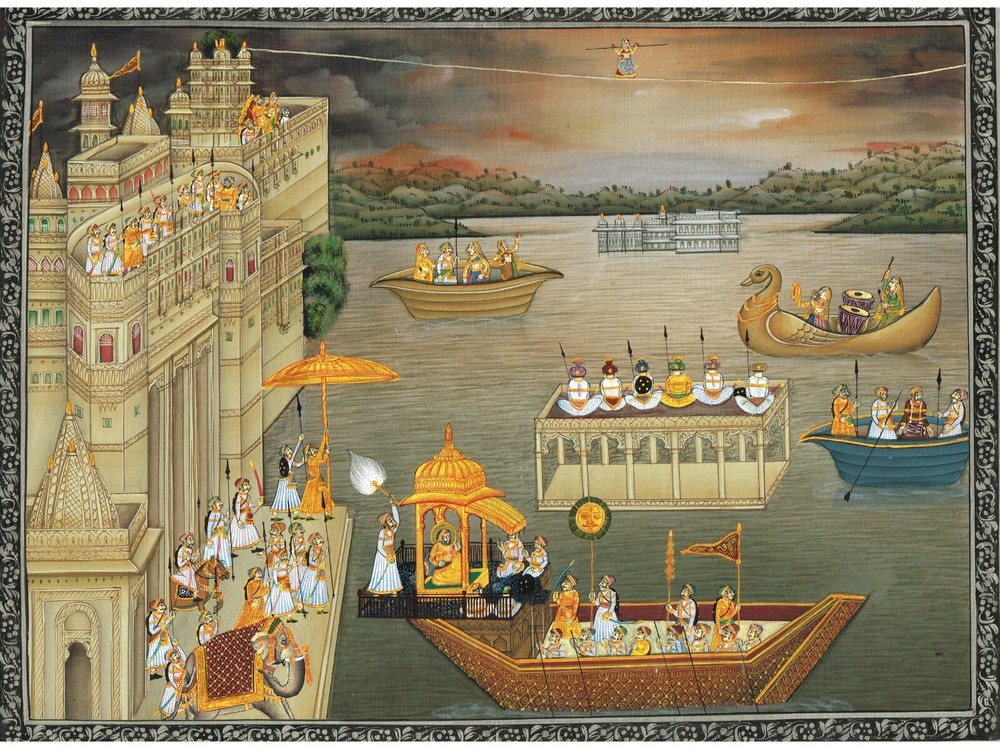 Indian Miniature Painting Of Udaipur Maharaja Enjoying in Boat 17×13.5 Inches
