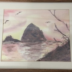 Framed Watercolor Print Signed Cannon Beach Haystack Rock OR Vtg 1997 Framed