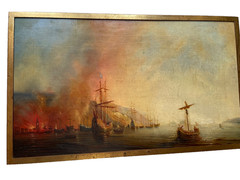 19th Theodore GUDIN – Antique Old Master Oil – Fire by the Coast – Boat and Ship