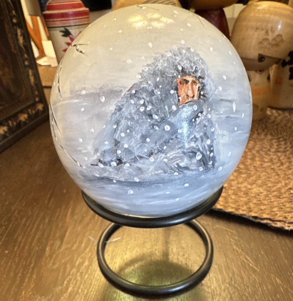 Signed Glass Snow Globe on Metal Stand, Winter Scene Figure, Round, Water Fill