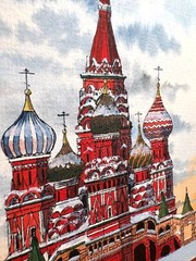 Antique St. Basil’s Cathedral Moscow Watercolor Painting Nouveau Frame 1926