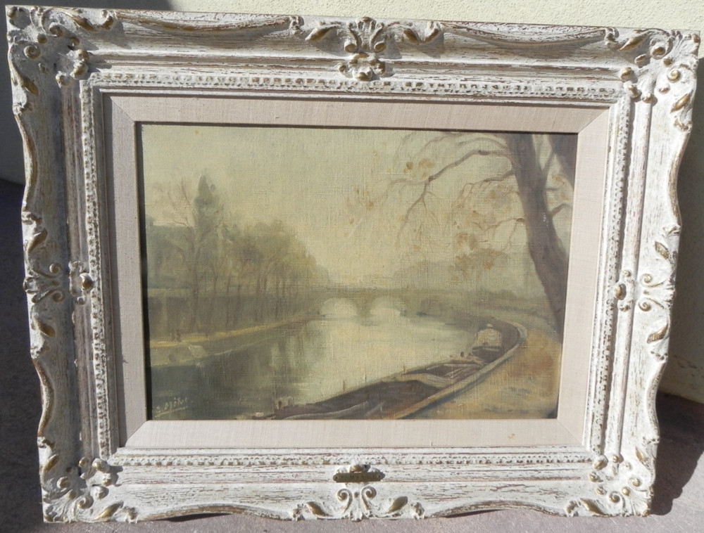 French School old impressionist painting Seine River bridges Paris signed Metot?
