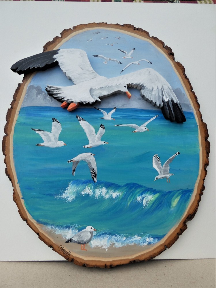 Hand Painted Lake Superior Seagull Wood Cut-Out On Live Edge Basswood By Phyllis