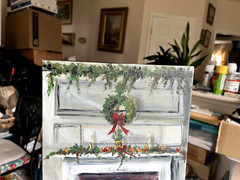 Original oil painting on canvas Christmas Holidays fireplace with wreath signed