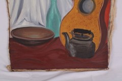 Mid Century Still Life Guitar Oil Painting On Canvas Illegible Signature