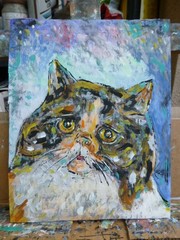 A HUNGRY CAT calico pet 8×10 Acrylic painting card panel original signed Crowell