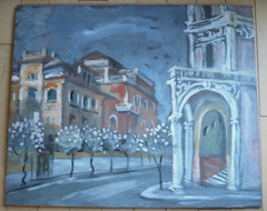 RELLA RUDULPH, LISTED ALABAMA MODERN MODERNISM MIXED MEDIA GOUACHE CITYSCAPE MOD