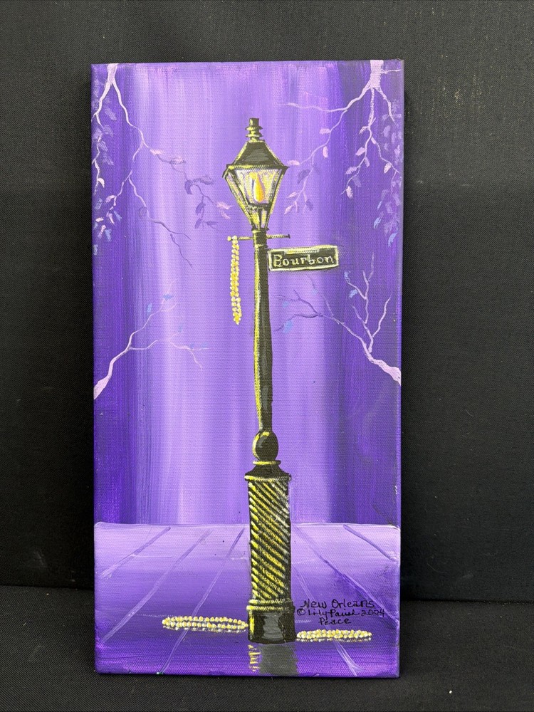 Original New Orleans Bourbon Street Lamp Painting Mardi Gras Beads Canvas Purple