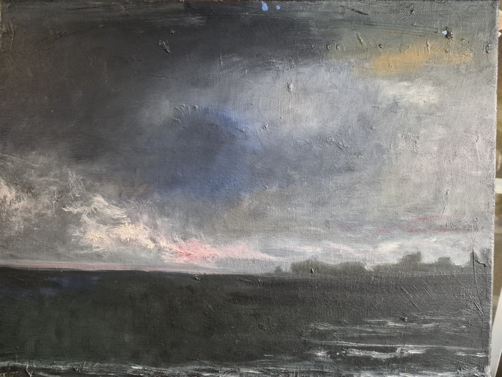 Abstract Landscape Sky Painting – Dark Sky Over Water, Nature Theme Artwork