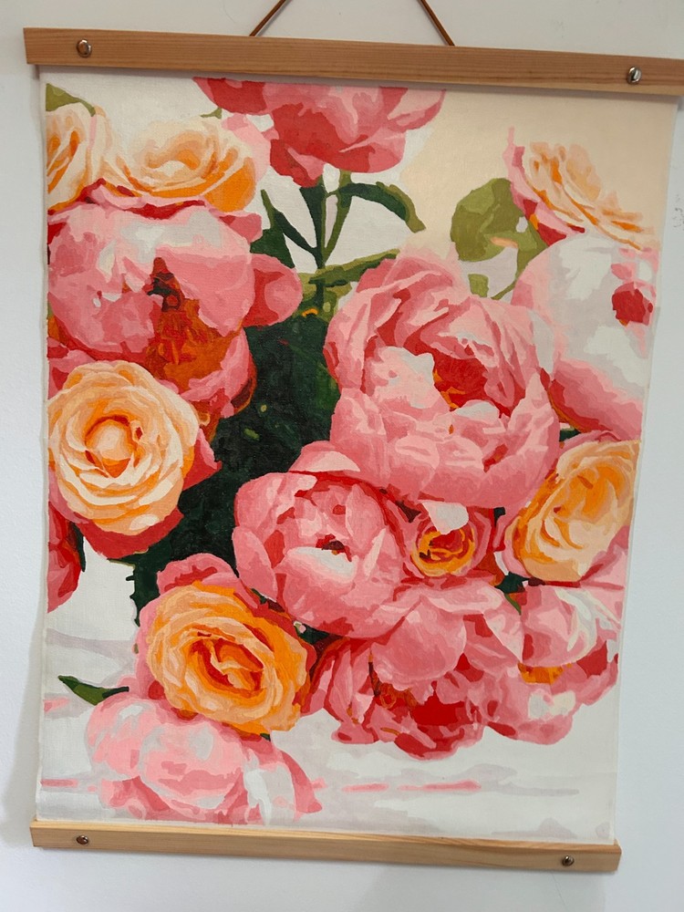 Colorful Roses in Acrylic Paint – 20″ x 16″ – Wood and leather frame