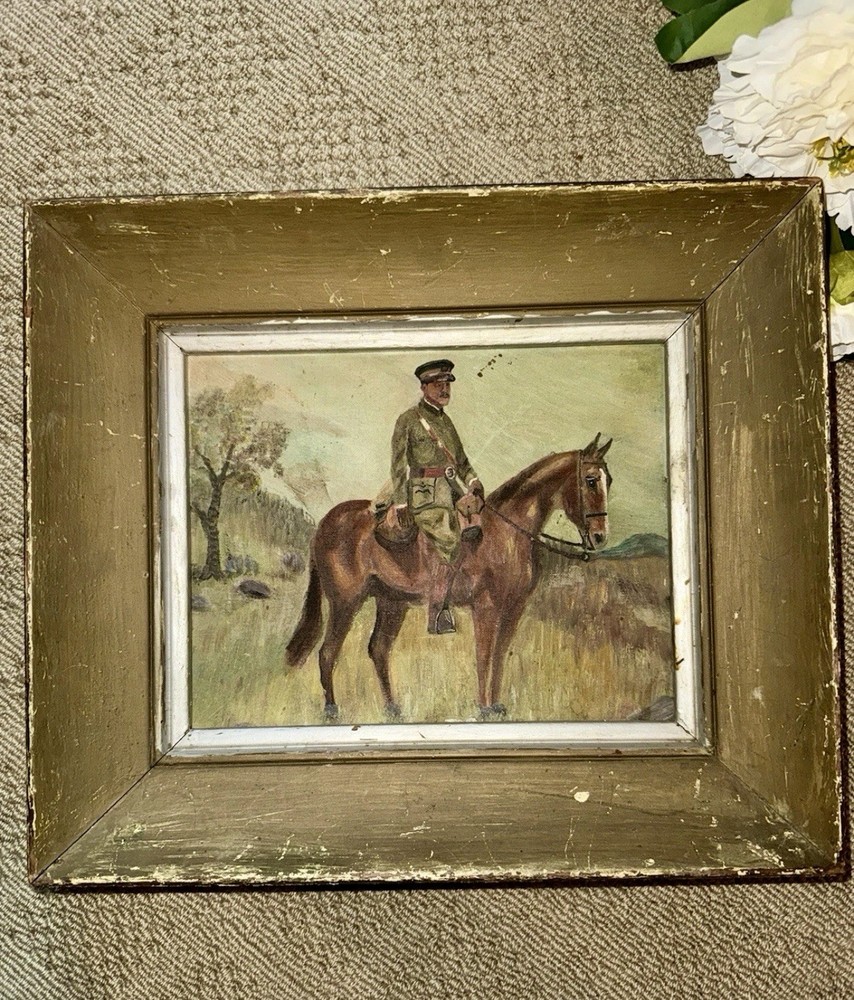 Antique Equestrian Oil Painting WW1 Soldier On Horseback Framed 14”x12” 1914