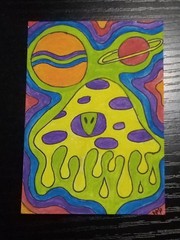 ACEO – Trippy Mushroom Alien UFO Painting – Rainbow Psychedelic – ATC