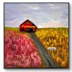 Mary Myers Original Abstract Expressionism 10×10 Red Barn Flower Field Signed