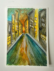 ACEO Original Modern City Street Cityscape Buildings Painting Paper Unframed