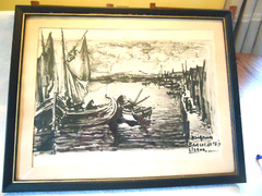 Vintage BARCOS NO TEJO Painting (Boats on Tagus River) Approx 15″ x 12″