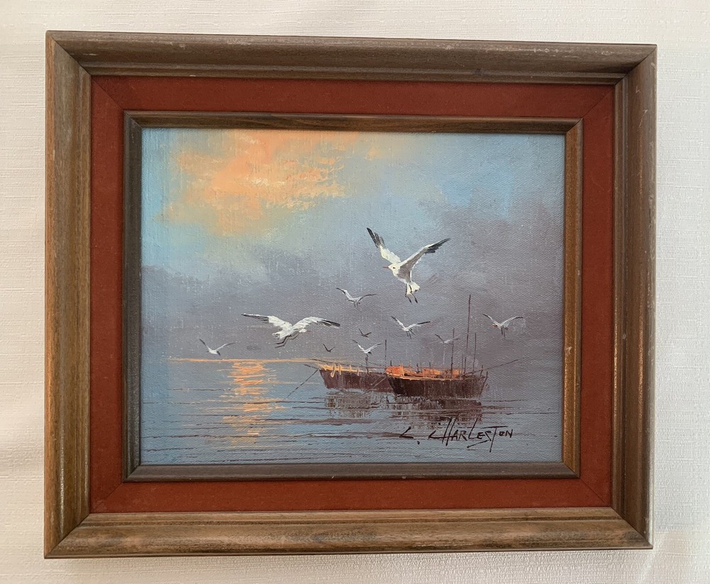Original Oil Painting Art Hand-painted Framed Velvet Seagulls Landscape Signed