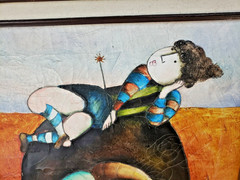 Joyce Roybal Child on Water Buffalo Original One of a Kind Framed Oil on Canvas