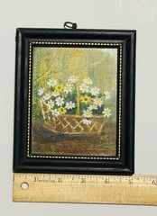 Vintage Mini Oil Painting Daisies Basket Signed EMIG Framed 5×6” Cottage Floral