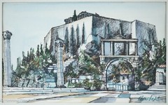 Beautiful Vintage Hans Christoph Watercolor Painting Acropolis Athens Greece 5/5