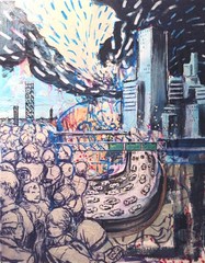 11 inch x 14 inch x 5/8 of an inch – Abstract Cityscape Painting by A.Avila