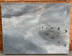 Vintage 80s Gray Black Birds Clouds Oil Painting Modern Art Wall Hanging Kistler