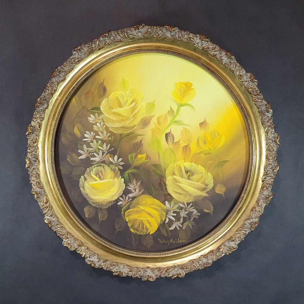 Yellow Rose Flower Original Painting Signed Round Gold Frame OOAK Wall Art