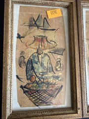 Vintage Thai Gold Leaf Watercolor Painting Tryptich Sumpow Dhepplatum Art #53