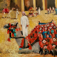 YARY DLUHOS Arabian Desert Landscape Petra Jordan Camels Original Oil Painting