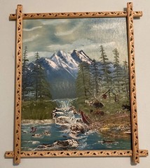 Wood Framed Painting USA, NY Catskill Mountains Water Trees Outdoors Scenic EUC