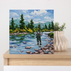 Fly Fishing Oil Painting Original River Mountain Landscape Art Impressionist Art