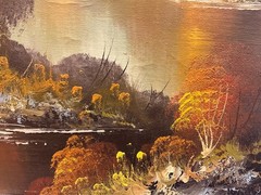 Oil Painting 16×20” Autumn forest landscape, stand still lake, warm tones