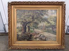 Antique Oil Painting on Canvas Boy Child Fishing Creek Stream Landscape America