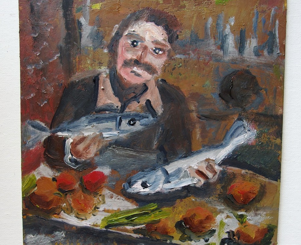 A generous man & two fishes fun modern portrait 8×8″ still life oil painting art