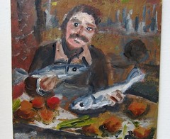 A generous man & two fishes fun modern portrait 8×8″ still life oil painting art