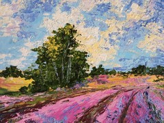 Original Oil Painting 8×10 Pink Lavender Field Landscape Tree Impasto Wall Art