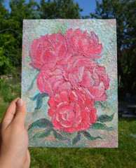 The picture is painted with oil paints „Peonies“. Size 18*24 centimeters. Canvas