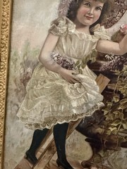 Victorian Oil Painting Young Girl Floral Garden Style On Canvas 1880s