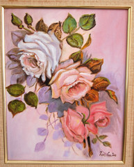 VTG 1980’S SMALL FRAMED ORIGINAL OIL ROSE FLOWERS BOUQUET CUBAN ARTIST ZOE CUTIE