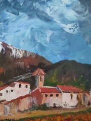 MIA (20th) „Mountain Village And Vines“ Oil On Canvas 38 X 46 Cm