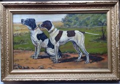 Antique French Oil /Canvas 1919 English Pointer Portrait of Dogs in a Landscape