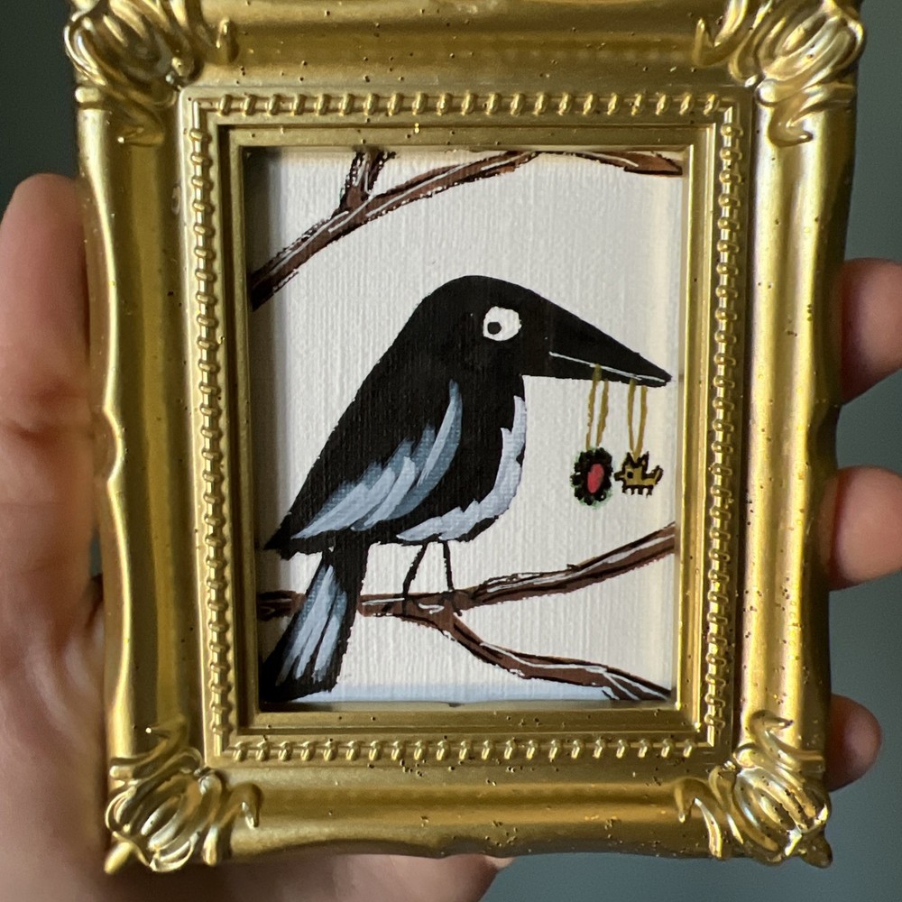 Magpie,bird,funny,cute,original,miniature Painting,small,mini,framed